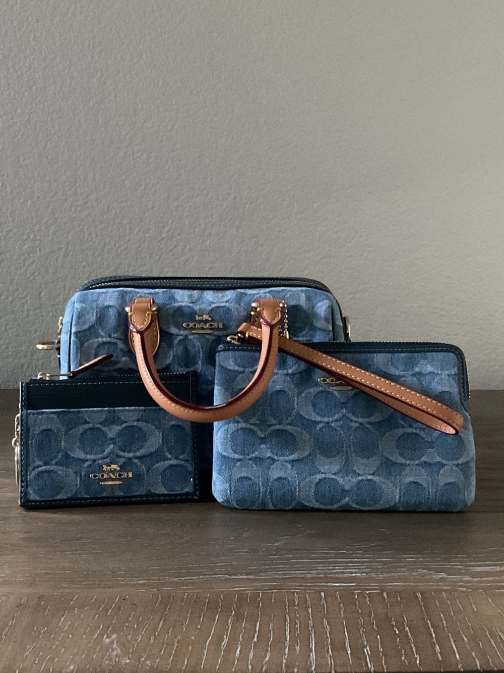 Mini Rowan Crossbody, Mini Skinny Id Case, Corner Zip Wristlet Denim/Gold/Indigo